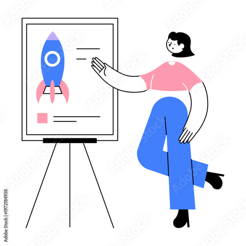 A flat style illustration showing a startup presentation