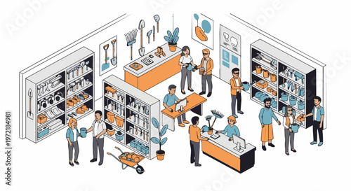 Isometric Garden Center Illustration with Customers and Professional Gardening Tools