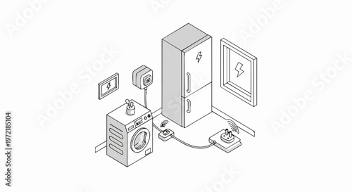Smart Home Energy Management System Isometric Illustration with Connected Appliances, Washing Machine, Refrigerator, and IoT Power Monitoring Devices