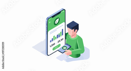 Isometric 3D Illustration of Man Tracking Sustainability and ESG Metrics via Green Mobile App Dashboard