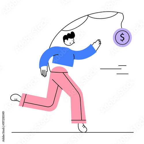 A flat style illustration showing money chasing