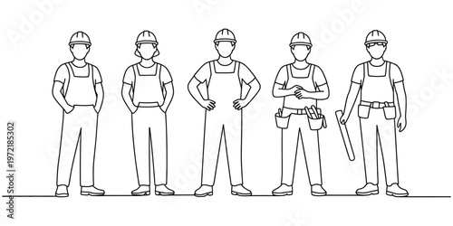 Construction workers set continuous one line drawing builder concept