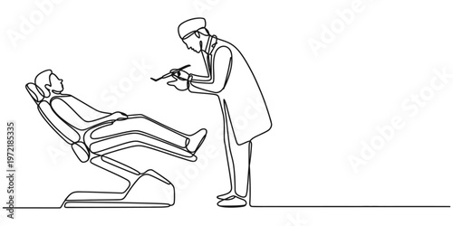 Dentist examining patient continuous one line drawing dental care concept