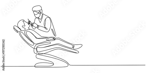 Dentist examining patient continuous one line drawing dental care concept