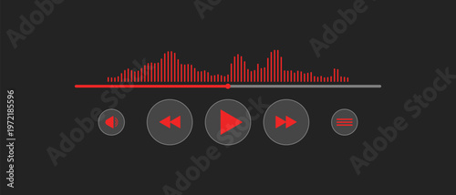 Music media player interface buttons, Glass audio video buttons, Playlist tracker interface icons, Player screen with icons and music playback bar