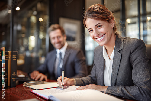 Smiling female attorney in gray blazer signing contract at wooden desk in warm modern law firm with blurred male partner