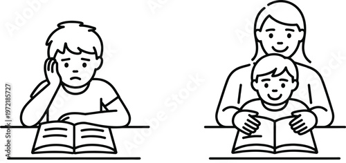 A child's disinterest and frustration with reading is shown, juxtaposed with a comforting scene where a parent guides them through a book with a smile.