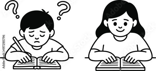 Two children are depicted studying, one looking confused with question marks above their head while the other appears focused and content with their book.