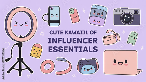Cute kawaii collection of influencer essentials including ring light camera and laptop perfect for social media content and branding