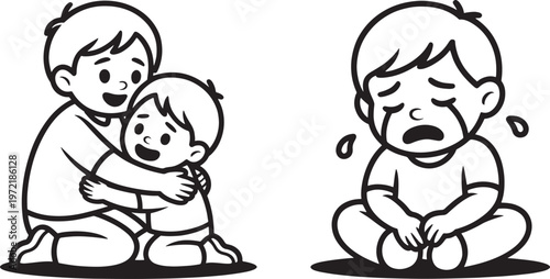Older sibling embraces younger sibling with affection and care, demonstrating supportive sibling relationships and emotional comfort through a simple line drawing.