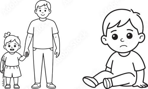 A father holds his daughter's hand while a sad boy sits alone, illustrating themes of family connection and childhood emotions in a simple line art style.