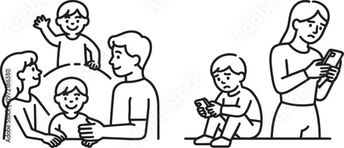 Illustrations depict children experiencing different emotional states, contrasting happy family interactions with feelings of loneliness and sadness, highlighting the importance of connection.