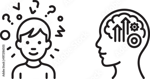 Person experiencing mental stimulation and clarity with radiating lines around their head, juxtaposed with a profile silhouette of a head containing upward arrows and gears indicating growth.