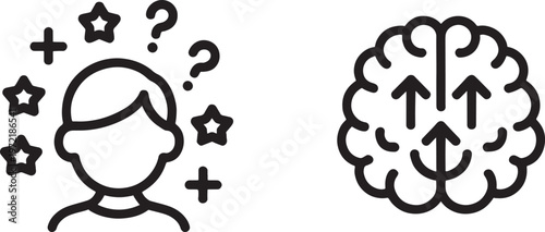 Individual surrounded by question marks and twinkling stars, suggesting a state of wonder and contemplation, next to an icon of a brain with upward arrows symbolizing intellectual growth.