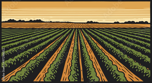 Vintage style farming landscape with endless rows at sunset