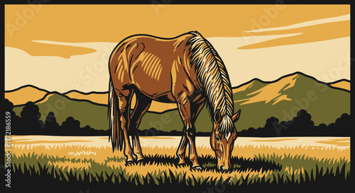 Vintage style grazing horse in pastoral landscape