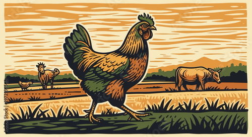 Vintage farm scene with rooster and livestock in rustic countryside setting