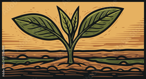 Organic sapling woodcut design: growth and nature concept in earth tones