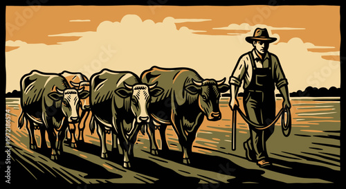 Farmer leading cattle in rustic landscape at sunset