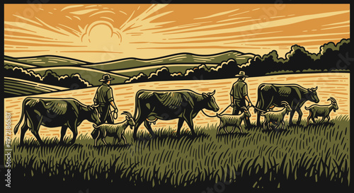 Sunset ranch scene with farmers, cows, and goats in woodcut style