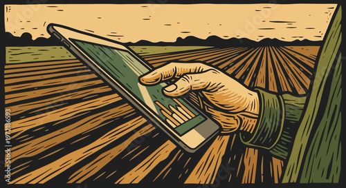 Hand holding tablet analyzing farm data in vintage woodcut style