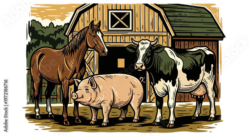 Farm animals in rustic farmhouse setting with wooden barn background