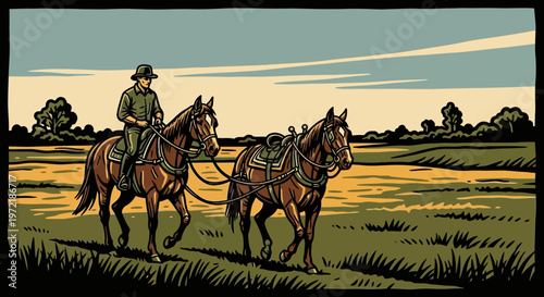 Equestrian journey: rider and horse stroll through serene countryside in retro style