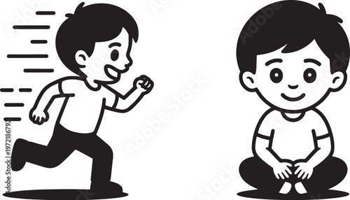 Child depicted in two contrasting states: one actively running with motion lines, representing energy and movement, and the other sitting calmly with a smile, symbolizing peace and stillness.