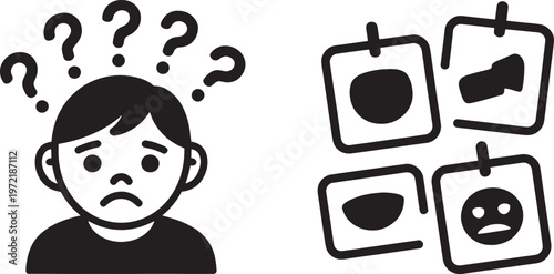 Person experiences confusion and distress with question marks above their head, contrasted with a display of different emotional icons representing mood swings and psychological states.