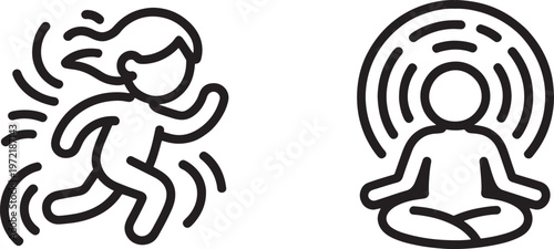 Two simple line art icons depicting a person running energetically on the left and another person meditating serenely on the right, symbolizing activity and calmness.