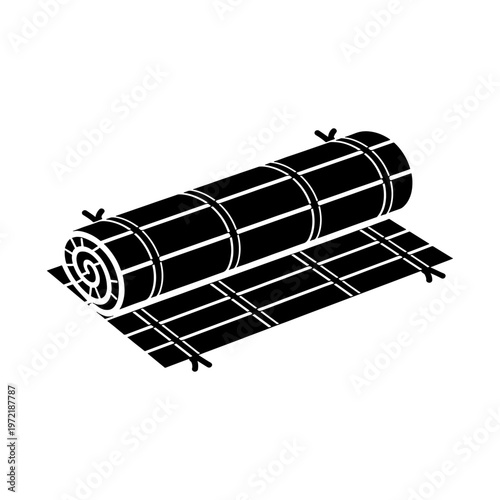 A striking black silhouette depicts a rolled out bamboo mat showcasing traditional japanese artistry silhouette