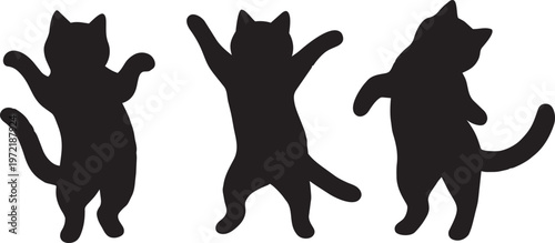 Three cartoon cat silhouettes dancing upright, simple black white playful modern lively design