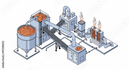 Isometric Industrial Factory Illustration for Biomass Pellet Production or Food Processing Plant