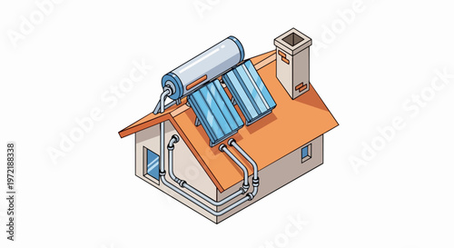 Isometric House with Solar Water Heater System, Renewable Energy and Eco-Friendly Home Concept Illustration