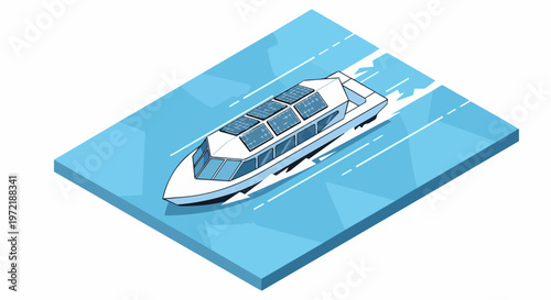 Isometric Solar Powered Electric Boat on Water - Eco-Friendly Sustainable Marine Transportation Concept Illustration