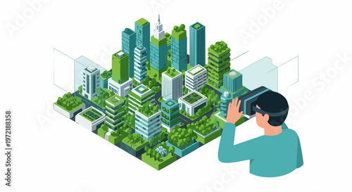 Isometric 3D Illustration of a Person Wearing VR Goggles Exploring a Sustainable Green City Model with Eco-Friendly Architecture and Urban Planning in the Metaverse
