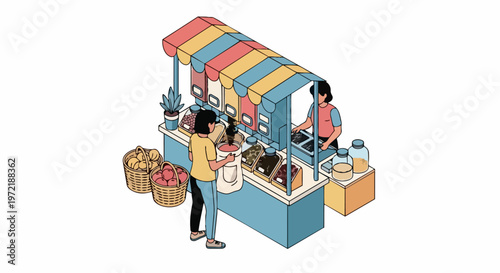 Zero Waste Grocery Store Isometric Illustration - Customer Filling Reusable Bag at Bulk Food Market Stall with Vendor