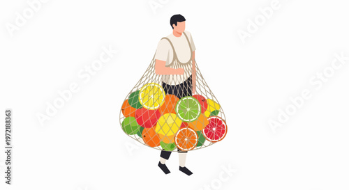 Man Carrying Large Eco-Friendly Mesh Bag with Fresh Citrus Fruits, Zero Waste and Sustainable Shopping Concept, Flat Vector Illustration