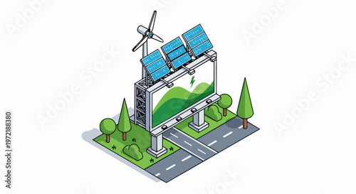 Isometric 3D billboard powered by solar panels and wind turbine for sustainable advertising and green energy concept