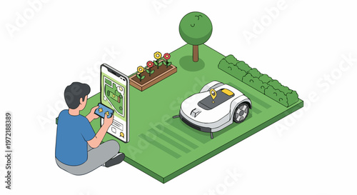 Isometric Illustration of a Man Controlling a Smart Robotic Lawnmower using a Smartphone App in a Minimalist Garden
