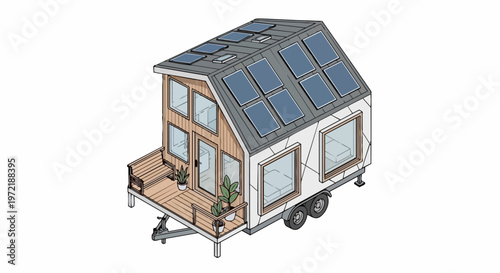 Modern Isometric Tiny House on Wheels with Solar Panels - Eco-Friendly Sustainable Mobile Home Illustration