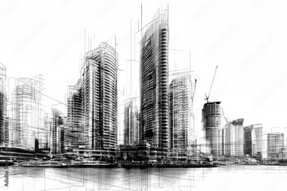 Fototapeta premium City skyline features a blend of sleek skyscrapers and hand-draw