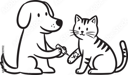 Dog and cat silhouette tattoo style with syringe, simple black white playful modern funny design