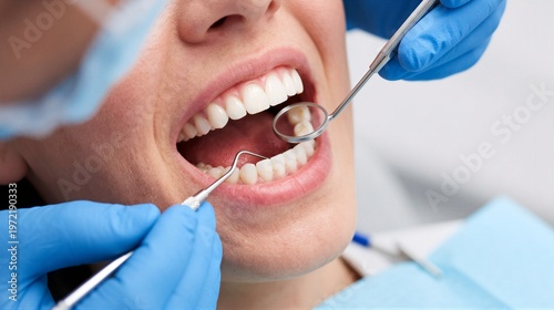 Close-up of a Female Patient Receiving a Dental Examination with Tools