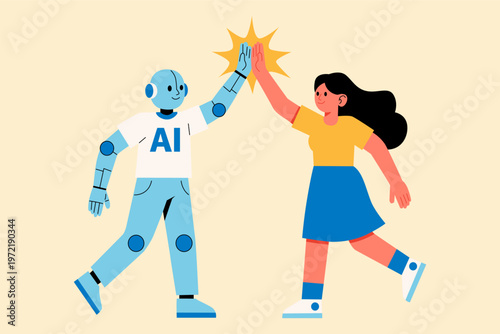 AI Robot and Woman High Five Illustration.eps