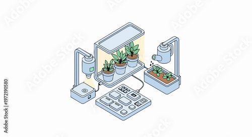 Smart Indoor Farming Isometric Illustration: Automated Agriculture Lab with Grow Lights, Watering System, and Plant Monitoring Control Panel