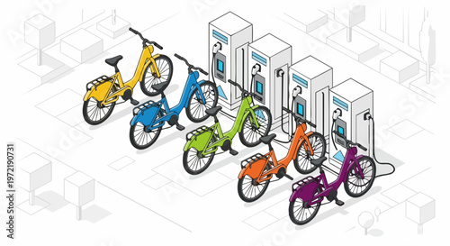 Isometric Vector Illustration of Colorful Electric Bikes Charging at a City Docking Station, Sustainable Urban Transportation Concept