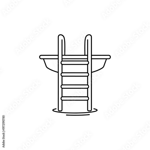 A simple line drawing depicts a pool ladder extending into water creating a stark silhouette