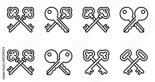 Set of crossed vintage keys outline icons, antique access and unlocking symbols
