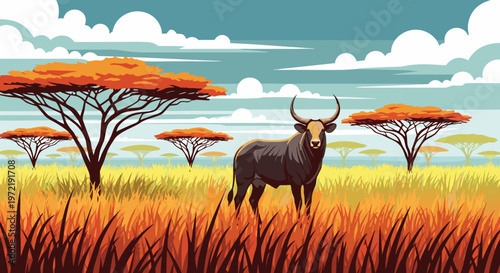 African Savannah Landscape with a Majestic Bull Under a Dramatic Sky